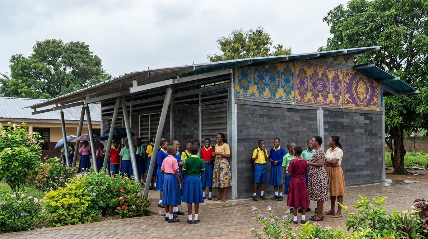 Pupils outside a classroom built from recycled plastic blocks